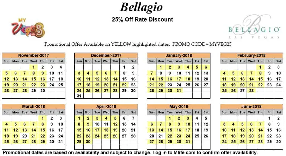 Image of Bellagio Resort & Casino Las Vegas 25% off room rates myVEGAS Slots calendar.