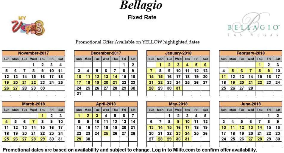 Image of Bellagio Resort & Casino Las Vegas exclusive rates myVEGAS Slots calendar.