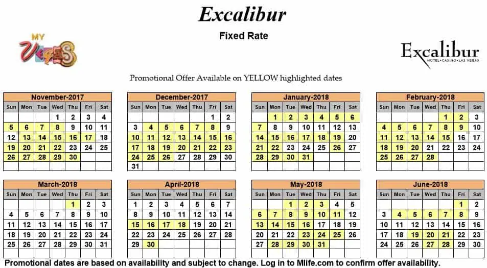 Image of Excalibur Hotel & Casino Las Vegas exclusive rates myVEGAS Slots calendar.