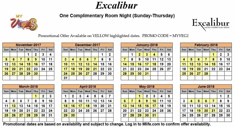 Image of Excalibur Hotel & Casino Las Vegas one complimentary room night myVEGAS Slots calendar.