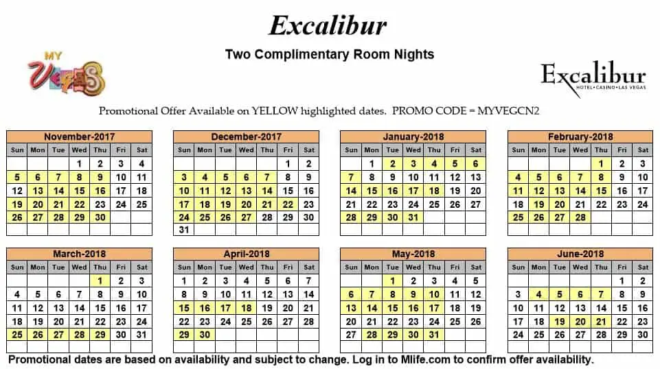 Image of Excalibur Hotel & Casino Las Vegas two complimentary room nights myVEGAS Slots calendar.