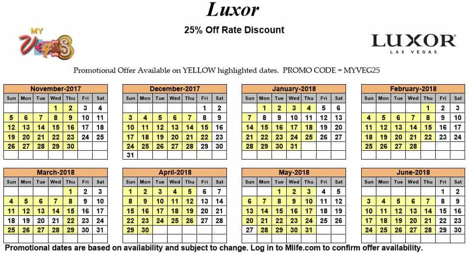 Image of Luxor Resort & Casino Las Vegas 25% off room rates myVEGAS Slots calendar.