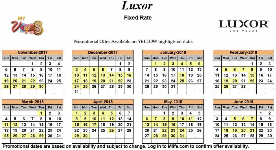 Image of Luxor Resort & Casino Las Vegas exclusive rates myVEGAS Slots calendar.