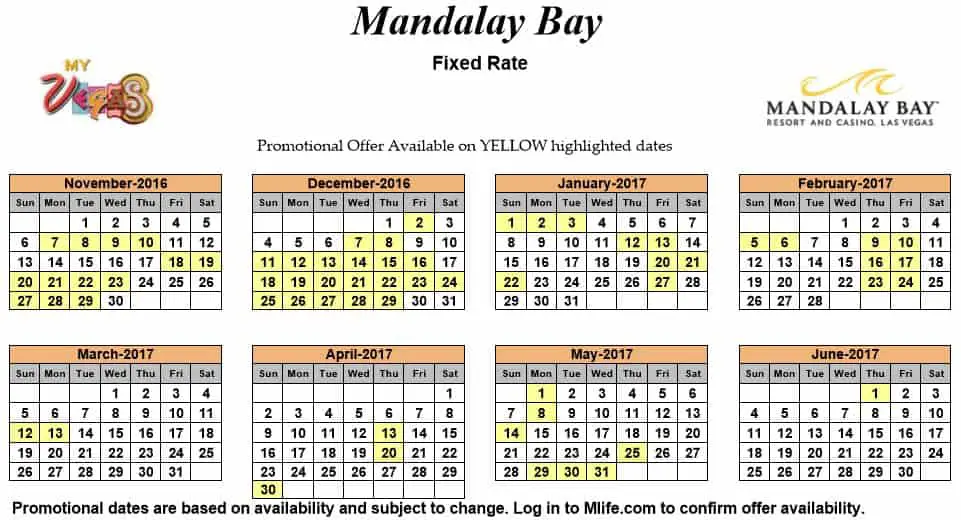 Image of Mandalay Bay Resort & Casino Las Vegas exclusive rates myVEGAS Slots calendar.