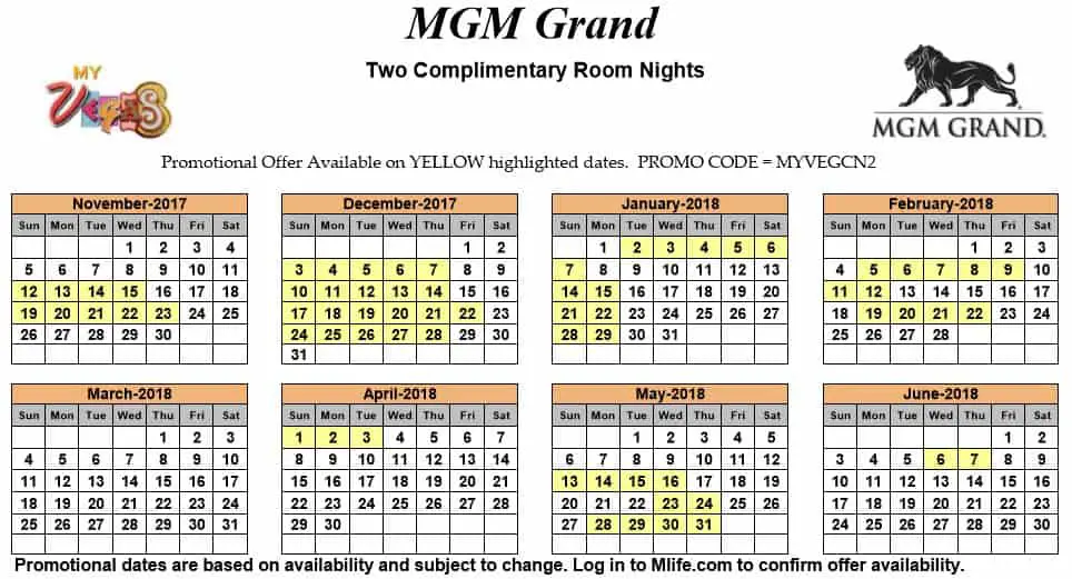 Image of MGM Grand Hotel & Casino Las Vegas two complimentary room nights myVEGAS Slots calendar.