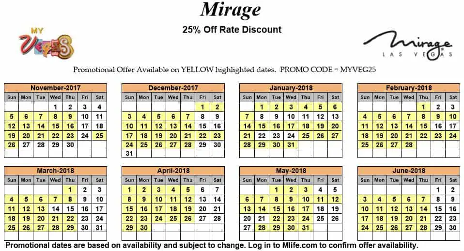 Image of Mirage Hotel & Casino Las Vegas 25% off room rates myVEGAS Slots calendar.