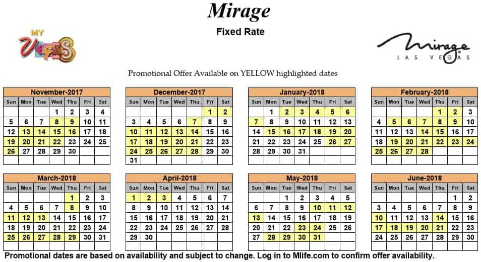 Image of Mirage Hotel & Casino Las Vegas exclusive rates myVEGAS Slots calendar.