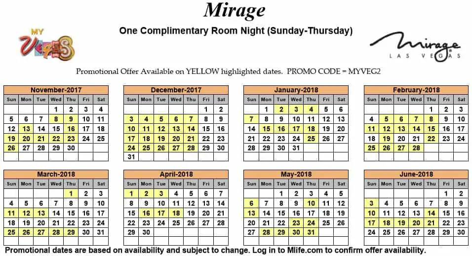 Image of Mirage Hotel & Casino Las Vegas one complimentary room night myVEGAS Slots calendar.