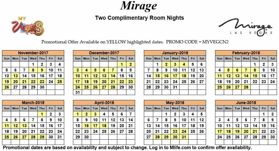 Image of Mirage Hotel & Casino Las Vegas two complimentary room nights myVEGAS Slots calendar.