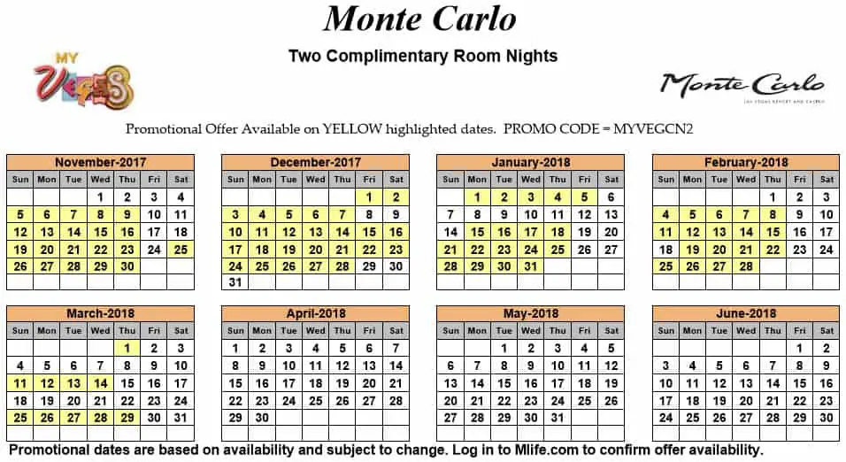 Image of Monte Carlo Resort & Casino Las Vegas two complimentary room nights myVEGAS Slots calendar.