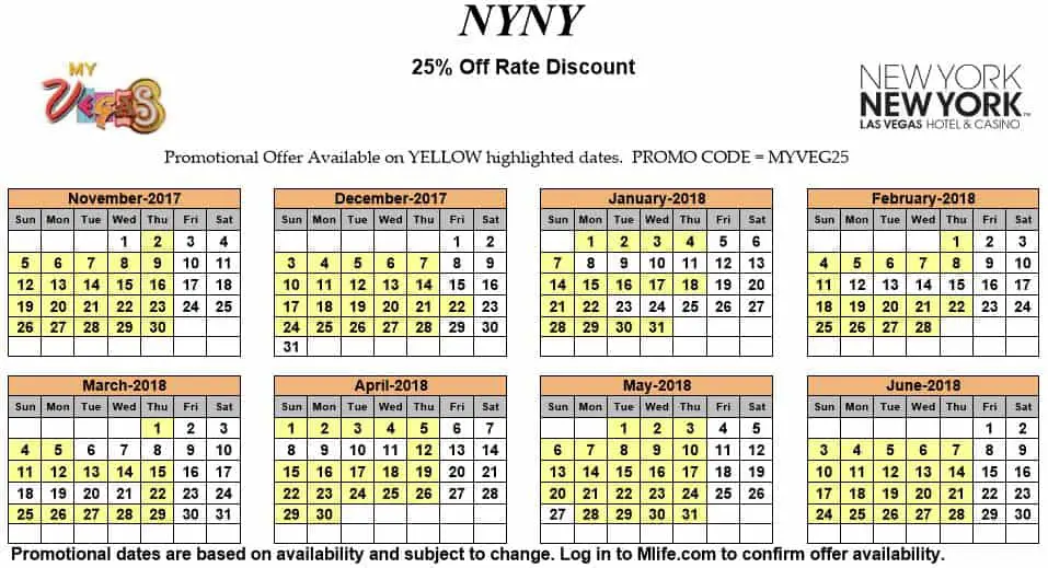 Image of New York New York Hotel & Casino Las Vegas 25% off room rates myVEGAS Slots calendar.
