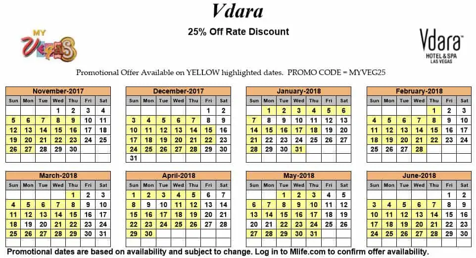 Image of Vdara Hotel & Spa Las Vegas 25% off room rates myVEGAS Slots calendar.