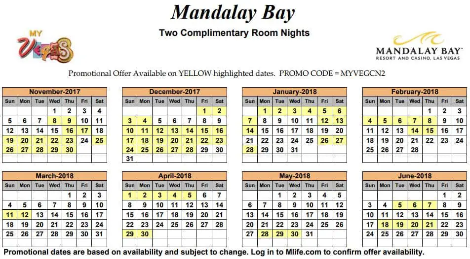 Image of Mandalay Bay Resort & Casino Las Vegas two complimentary room nights myVEGAS Slots calendar.