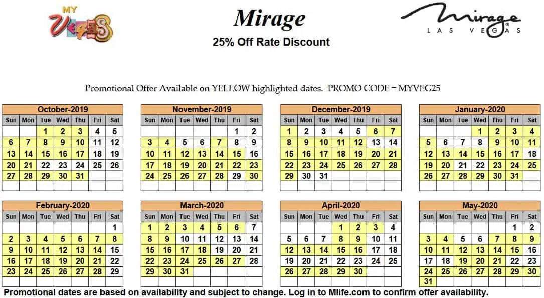 Image of Mirage Hotel & Casino Las Vegas 25% off room rates myVEGAS Slots calendar 2020.
