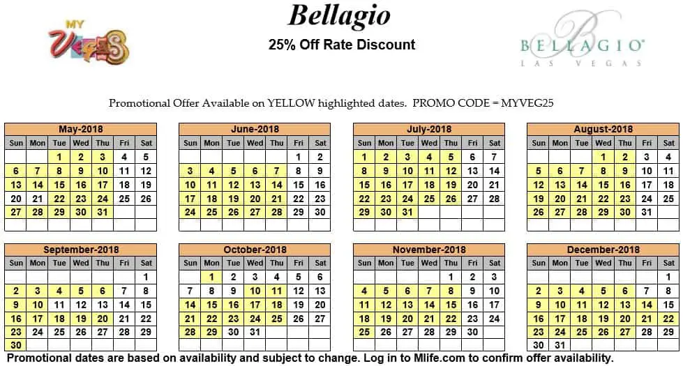 Image of Bellagio Resort & Casino Las Vegas 25% off room rates myVEGAS Slots calendar 2018.