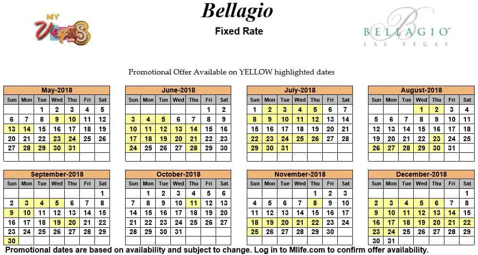 Image of Bellagio Resort & Casino Las Vegas exclusive rates myVEGAS Slots calendar 2018.