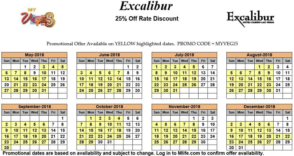 Image of Excalibur Hotel & Casino Las Vegas 25% off room rates myVEGAS Slots calendar 2018.
