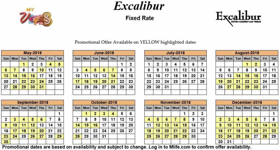 Image of Excalibur Hotel & Casino Las Vegas exclusive rates myVEGAS Slots calendar 2018.
