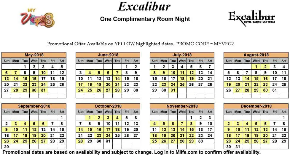 Image of Excalibur Hotel & Casino Las Vegas one complimentary room night myVEGAS Slots calendar 2018.