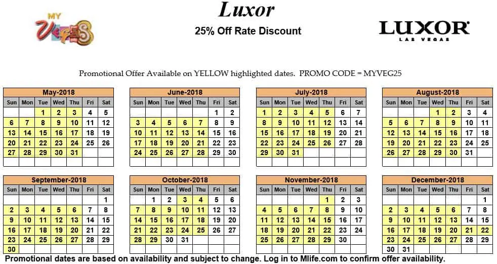 Image of Luxor Resort & Casino Las Vegas 25% off room rates myVEGAS Slots calendar 2018.