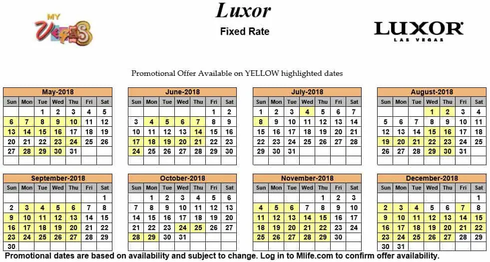 Image of Luxor Resort & Casino Las Vegas exclusive rates myVEGAS Slots calendar 2018.