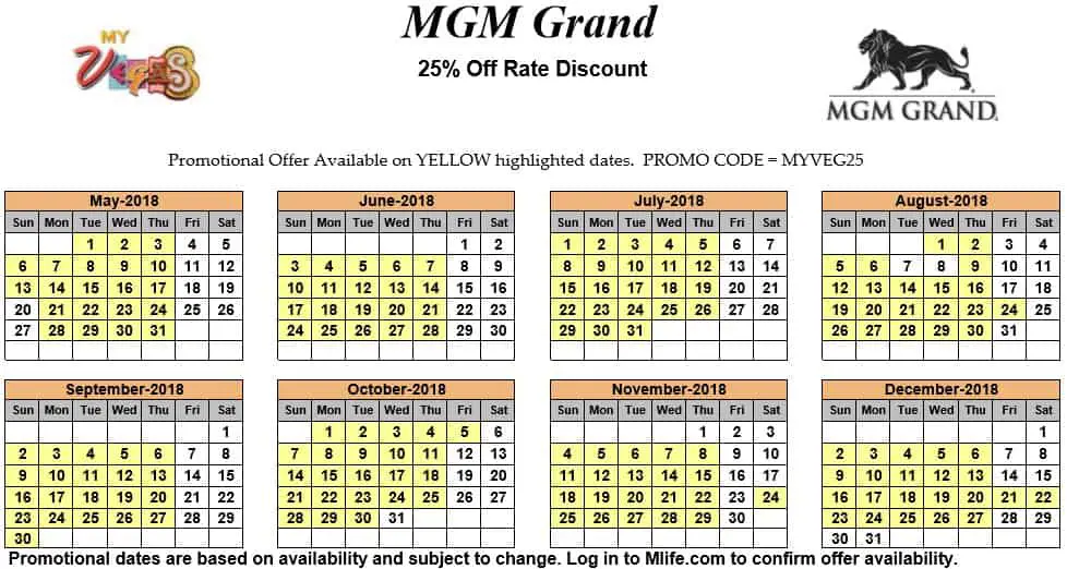 Image of MGM Grand Hotel & Casino Las Vegas 25% off room rates myVEGAS Slots calendar 2018.