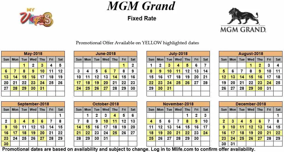 Image of MGM Grand Hotel & Casino Las Vegas exclusive rates myVEGAS Slots calendar 2018.