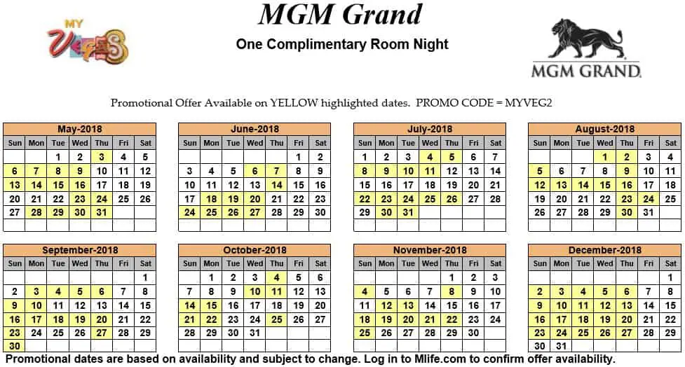 Image of MGM Grand Hotel & Casino Las Vegas one complimentary room night myVEGAS Slots calendar 2018.