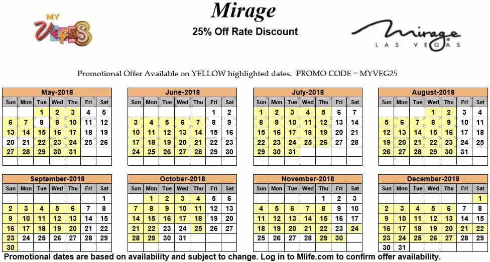 Image of Mirage Hotel & Casino Las Vegas 25% off room rates myVEGAS Slots calendar 2018.