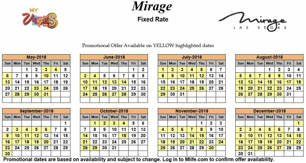 Image of Mirage Hotel & Casino Las Vegas exclusive rates myVEGAS Slots calendar 2018.