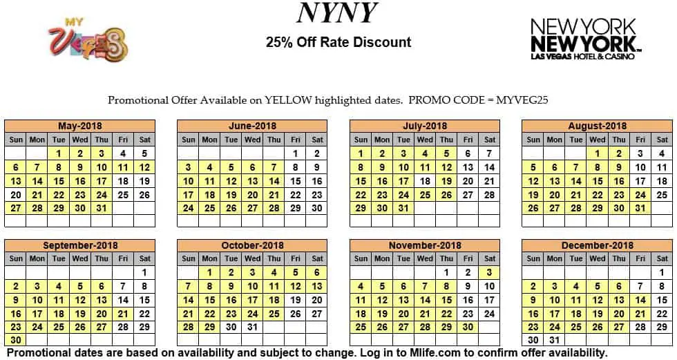 Image of New York New York Hotel & Casino Las Vegas 25% off room rates myVEGAS Slots calendar 2018.