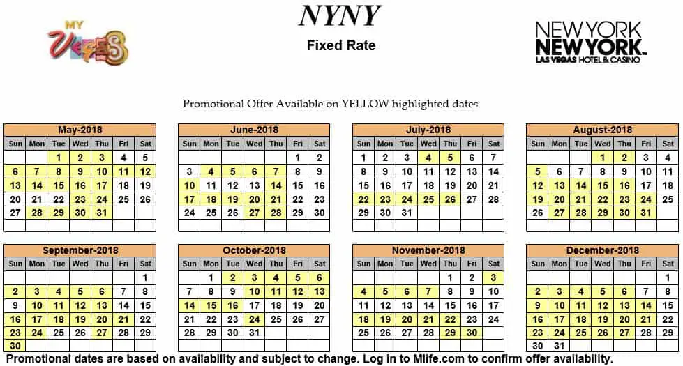 Image of New York New York Hotel & Casino Las Vegas exclusive rates myVEGAS Slots calendar 2018.