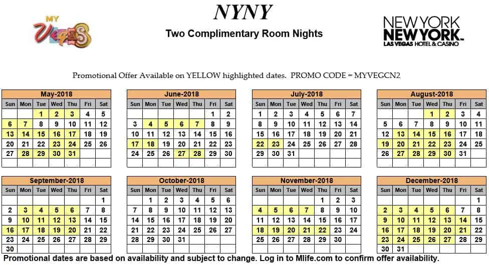 Image of New York New York Hotel & Casino Las Vegas two complimentary room nights myVEGAS Slots calendar 2018.
