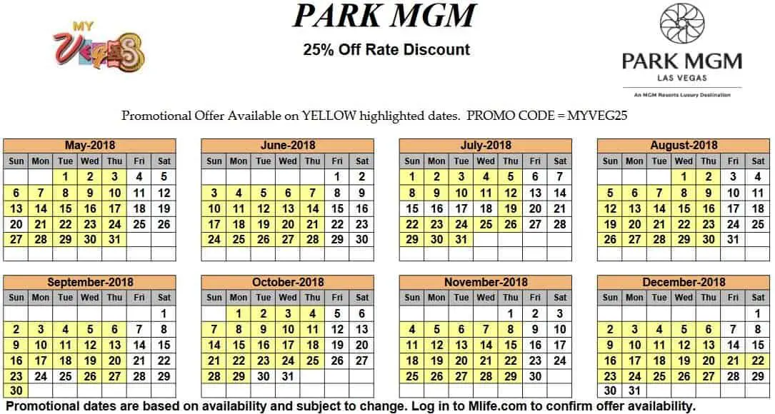 Image of Park MGM Resort & Casino Las Vegas 25% off room rates myVEGAS Slots calendar.