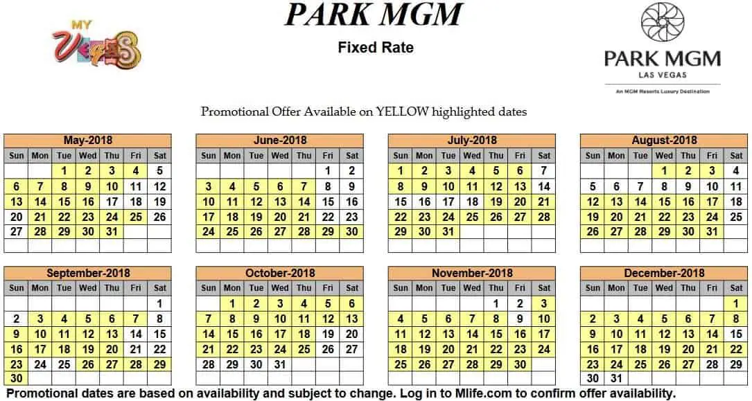 Image of Park MGM Resort & Casino Las Vegas exclusive rates myVEGAS Slots calendar.