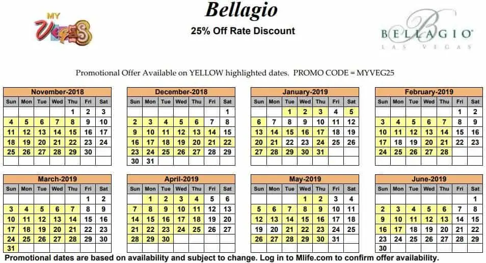 Image of Bellagio Resort & Casino Las Vegas 25% off room rates myVEGAS Slots calendar 2019.