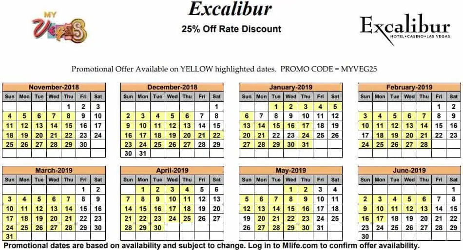 Image of Excalibur Hotel & Casino Las Vegas 25% off room rates myVEGAS Slots calendar 2019.
