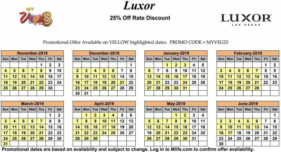 Image of Luxor Resort & Casino Las Vegas 25% off room rates myVEGAS Slots calendar 2019.