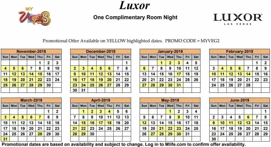 Image of Luxor Resort & Casino Las Vegas one complimentary room night myVEGAS Slots calendar 2019.