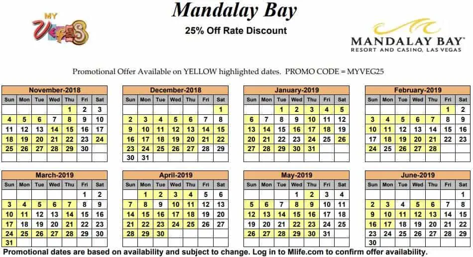 Image of Mandalay Bay Resort & Casino Las Vegas 25% off room rates myVEGAS Slots calendar 2019.