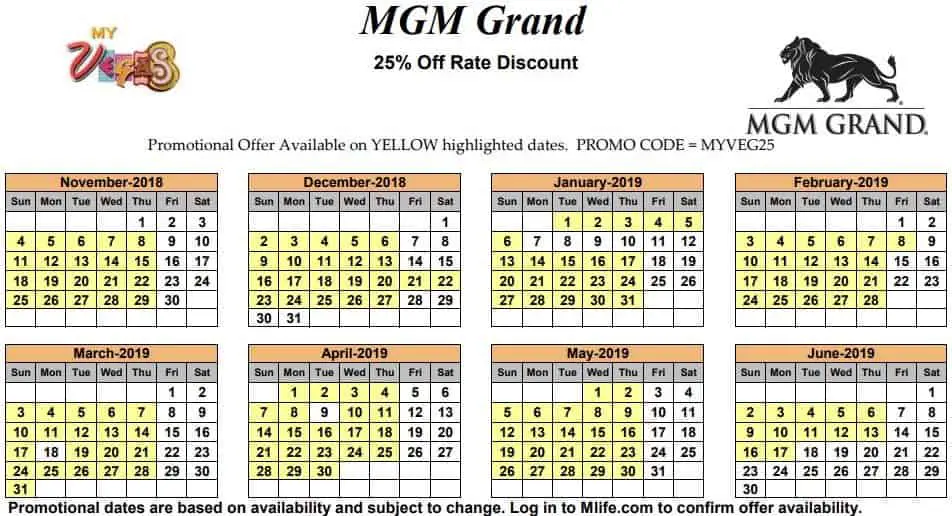 Image of MGM Grand Hotel & Casino Las Vegas 25% off room rates myVEGAS Slots calendar 2019.