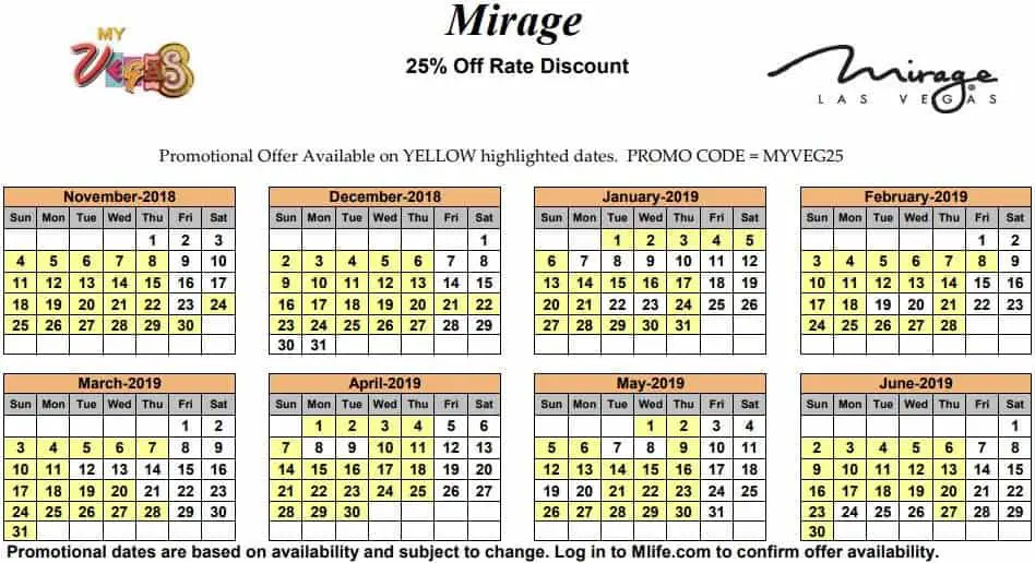Image of Mirage Hotel & Casino Las Vegas 25% off room rates myVEGAS Slots calendar 2019.