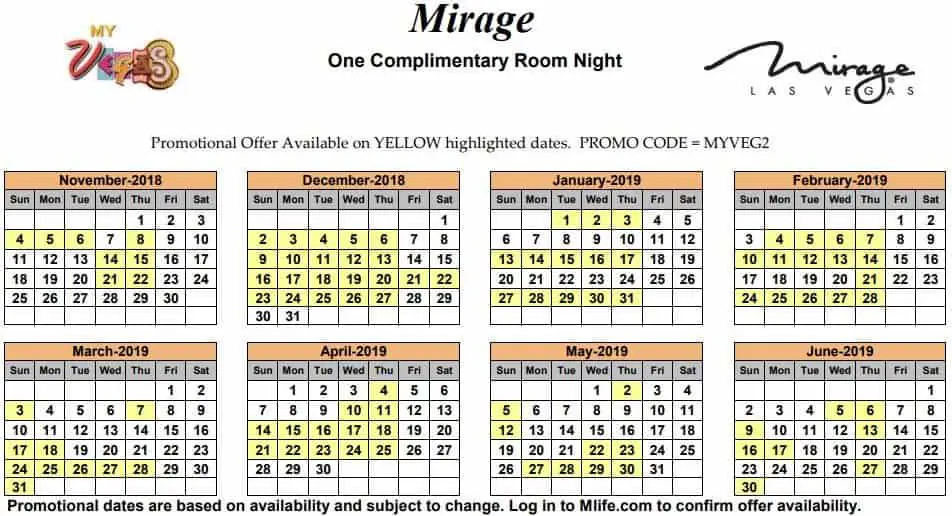 Image of Mirage Hotel & Casino Las Vegas one complimentary room night myVEGAS Slots calendar 2019.