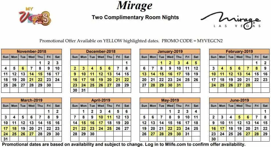 Image of Mirage Hotel & Casino Las Vegas two complimentary room nights myVEGAS Slots calendar 2019.