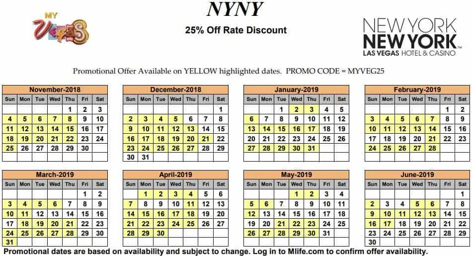 Image of New York New York Hotel & Casino Las Vegas 25% off room rates myVEGAS Slots calendar 2019.