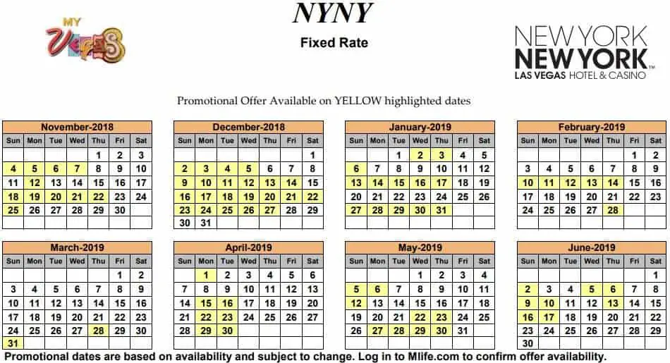 Image of New York New York Hotel & Casino Las Vegas exclusive rates myVEGAS Slots calendar 2019.