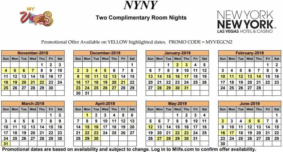 Image of New York New York Hotel & Casino Las Vegas two complimentary room nights myVEGAS Slots calendar 2019.