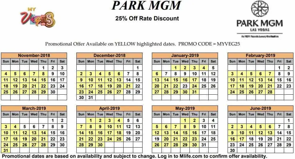 Image of Park MGM Resort & Casino Las Vegas 25% off room rates myVEGAS Slots calendar.