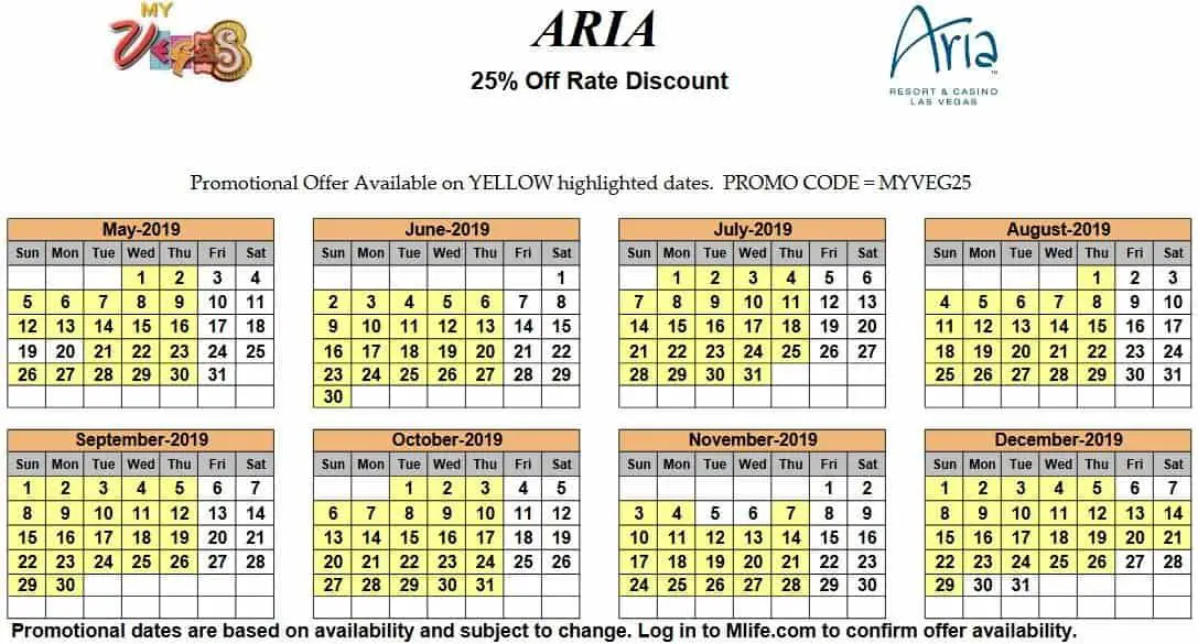Image of Aria Hotel & Casino Las Vegas 25% off room rates myVEGAS Slots calendar 2019.