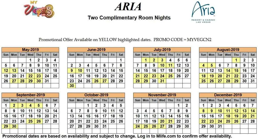 Image of Aria Hotel & Casino Las Vegas two complimentary room nights myVEGAS Slots calendar 2019.